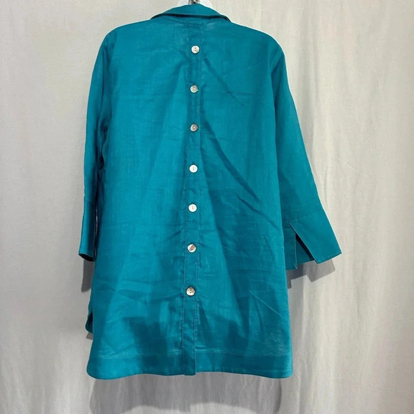 Evelyne Talman Teal Linen Boho Chic Button-Back Tunic – Size L - Picture 2 of 6